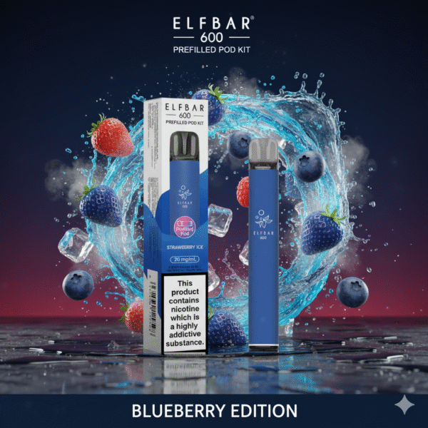 Elf Bar 600 Prefilled Pod Kit Blueberry Edition flavour available at Mart Subhani Vape Store Dundee
