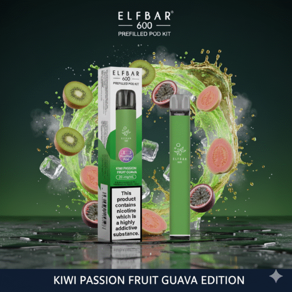 Elf Bar 600 Prefilled Pod Kit Kiwi Passion Fruit Guava flavour available at Mart Subhani Vape Store Dundee
