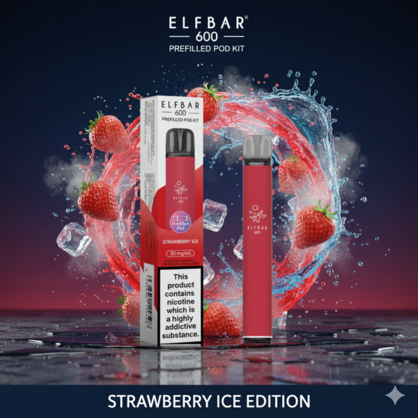 Elf Bar 600 Prefilled Pod Kit Strawberry Ice flavour available at Mart Subhani Vape Store Dundee
