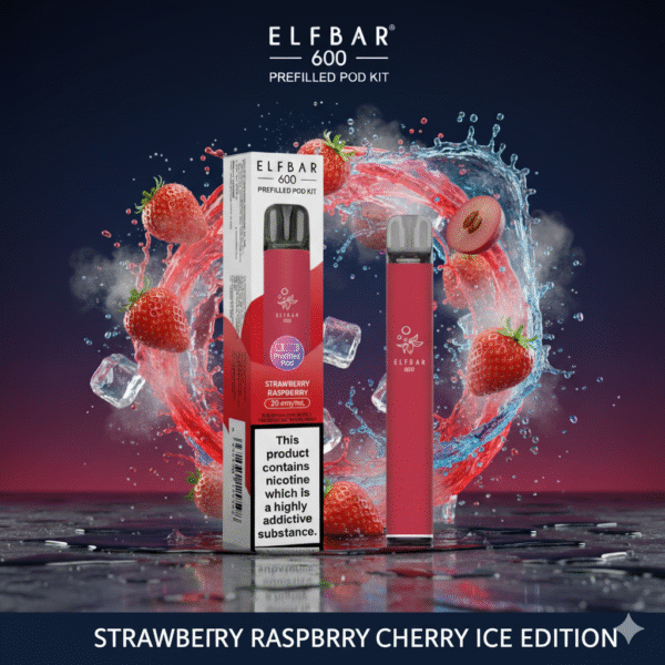 Elf Bar 600 Prefilled Pod Kit Strawberry Raspberry Cherry Ice flavour available at Mart Subhani Vape Store Dundee