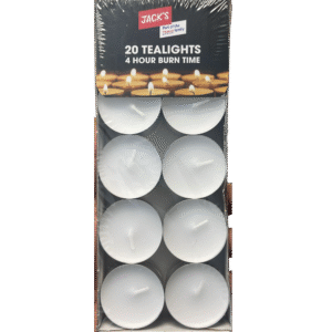 Jack’s 20 Tealights 4 Hour Burn Time pack available at Mart Subhani Dundee