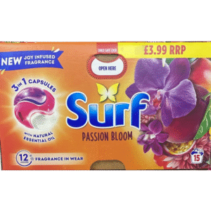 Surf Passion Bloom Laundry Detergent Capsules pack available at Mart Subhani Dundee