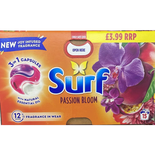 Surf Passion Bloom Laundry Detergent Capsules pack available at Mart Subhani Dundee