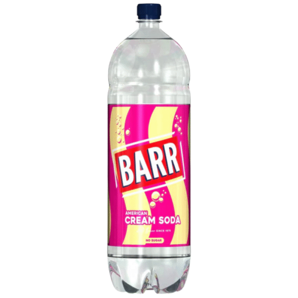 Barr American Cream Soda 2L – sweet vanilla flavoured fizzy soft drink with sugar and sweeteners available at Mart Subhani Dundee