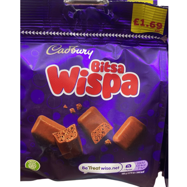 Cadbury Bitsa Wispa Chocolate Bag 95g – bite-sized aerated milk chocolate pieces available at Mart Subhani Dundee