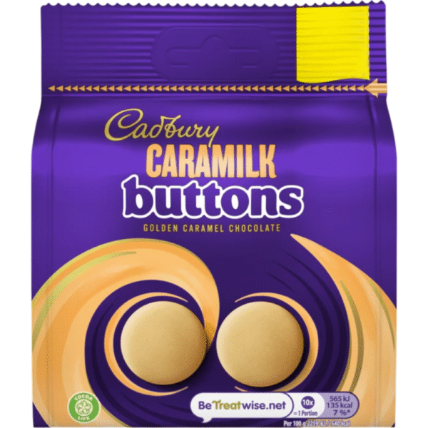 Cadbury Caramilk Golden Caramel Buttons 90g bag – creamy caramelised white chocolate buttons available at Mart Subhani Dundee