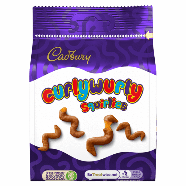 Cadbury Curlywurly Squirlies 110g bag – chewy caramel covered in smooth Cadbury milk chocolate available at Mart Subhani Dundee