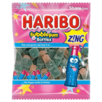 Haribo Bubblegum Bottles 140g – fizzy blue and pink bubblegum flavoured gummy bottles available at Mart Subhani Dundee