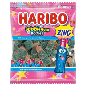 Haribo Bubblegum Bottles 140g – fizzy blue and pink bubblegum flavoured gummy bottles available at Mart Subhani Dundee