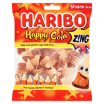 Haribo Happy Cola Zing 140g – fizzy cola bottle shaped gummies with sour sugar coating available at Mart Subhani Dundee