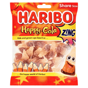 Haribo Happy Cola Zing 140g – fizzy cola bottle shaped gummies with sour sugar coating available at Mart Subhani Dundee