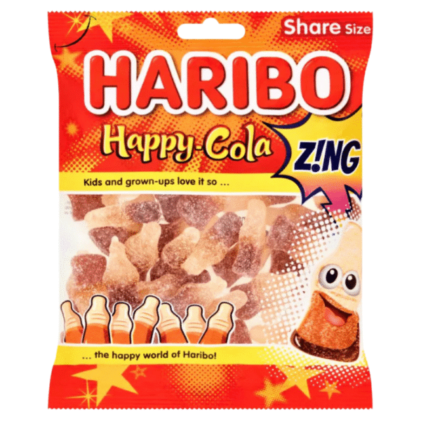 Haribo Happy Cola Zing 140g – fizzy cola bottle shaped gummies with sour sugar coating available at Mart Subhani Dundee