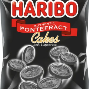 Haribo Pontefract Cakes 140g bag – classic soft liquorice discs made by Haribo, available at Mart Subhani Dundee