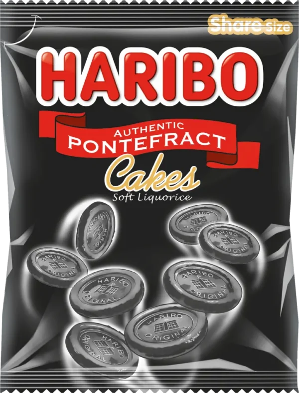 Haribo Pontefract Cakes 140g bag – classic soft liquorice discs made by Haribo, available at Mart Subhani Dundee
