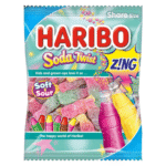 Haribo Soda Twist Zing Bottles 140g – fizzy sour gummy bottles with rhubarb, lemonade, cherry cola and strawberry appleade flavours available at Mart Subhani Dundee