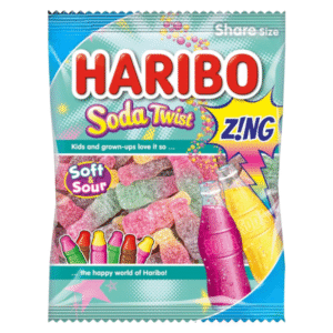 Haribo Soda Twist Zing Bottles 140g – fizzy sour gummy bottles with rhubarb, lemonade, cherry cola and strawberry appleade flavours available at Mart Subhani Dundee