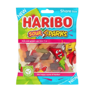 Haribo Sour Sparks 140g – fruity sour gummies with electric flavours and fizzy sugar coating available at Mart Subhani Dundee
