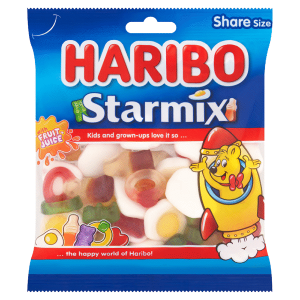 Haribo Starmix 175g – fruity gummy mix with cola bottles, rings, hearts, and bears available at Mart Subhani Dundee