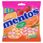 Mentos Chewy Dragees Fruit Flavour 135g – assorted chewy fruit candies in orange, lemon and strawberry flavours available at Mart Subhani Dundee