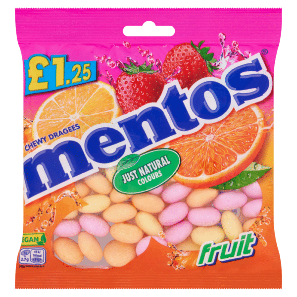 Mentos Chewy Dragees Fruit Flavour 135g – assorted chewy fruit candies in orange, lemon and strawberry flavours available at Mart Subhani Dundee