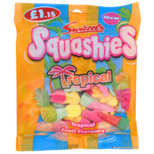 Squashies Tropical 140g – soft marshmallow gummy hybrid sweets in mango, pineapple, and watermelon flavours shaped like tropical fruits and parrots available at Mart Subhani Dundee