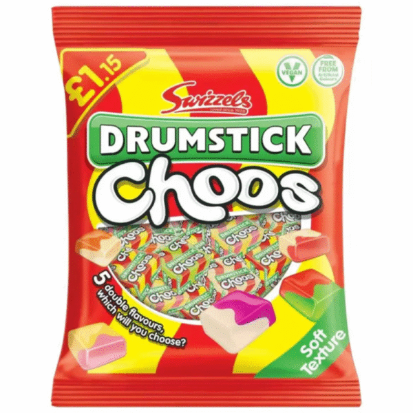Swizzels Drumstick Choos Vegan 120g – fruity chewy sweets inspired by classic Drumstick lollies available at Mart Subhani Dundee