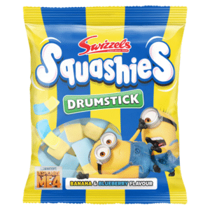 Swizzels Drumstick Squashies Banana and Blueberry 120g – soft chewy marshmallow gummy sweets with fruity flavours of banana and blueberry available at Mart Subhani Dundee