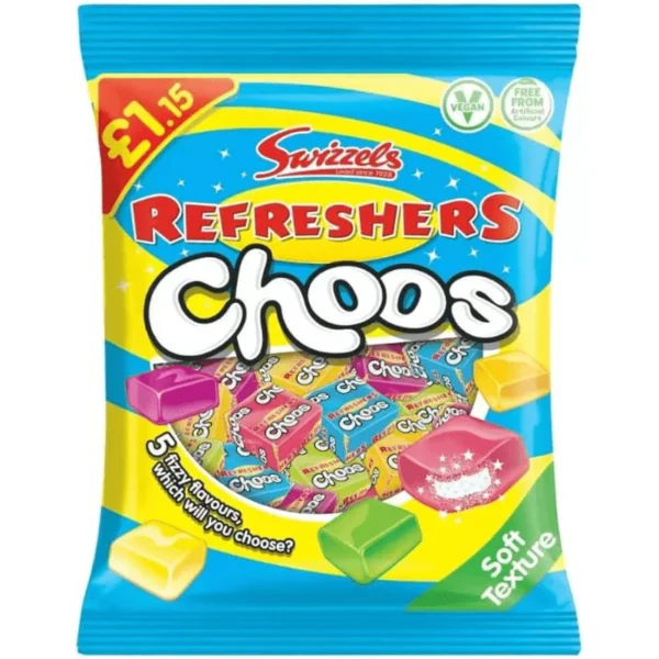 Swizzels Refresher Choos Peg Bag 115g – fizzy fruity chewy sweets with classic lemon, strawberry, orange and raspberry flavours available at Mart Subhani Dundee