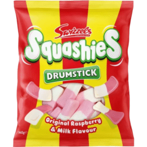 Swizzels Squashies Original Raspberry and Milk Flavour 140g – soft chewy marshmallow gummy sweets with creamy and fruity flavours available at Mart Subhani Dundee