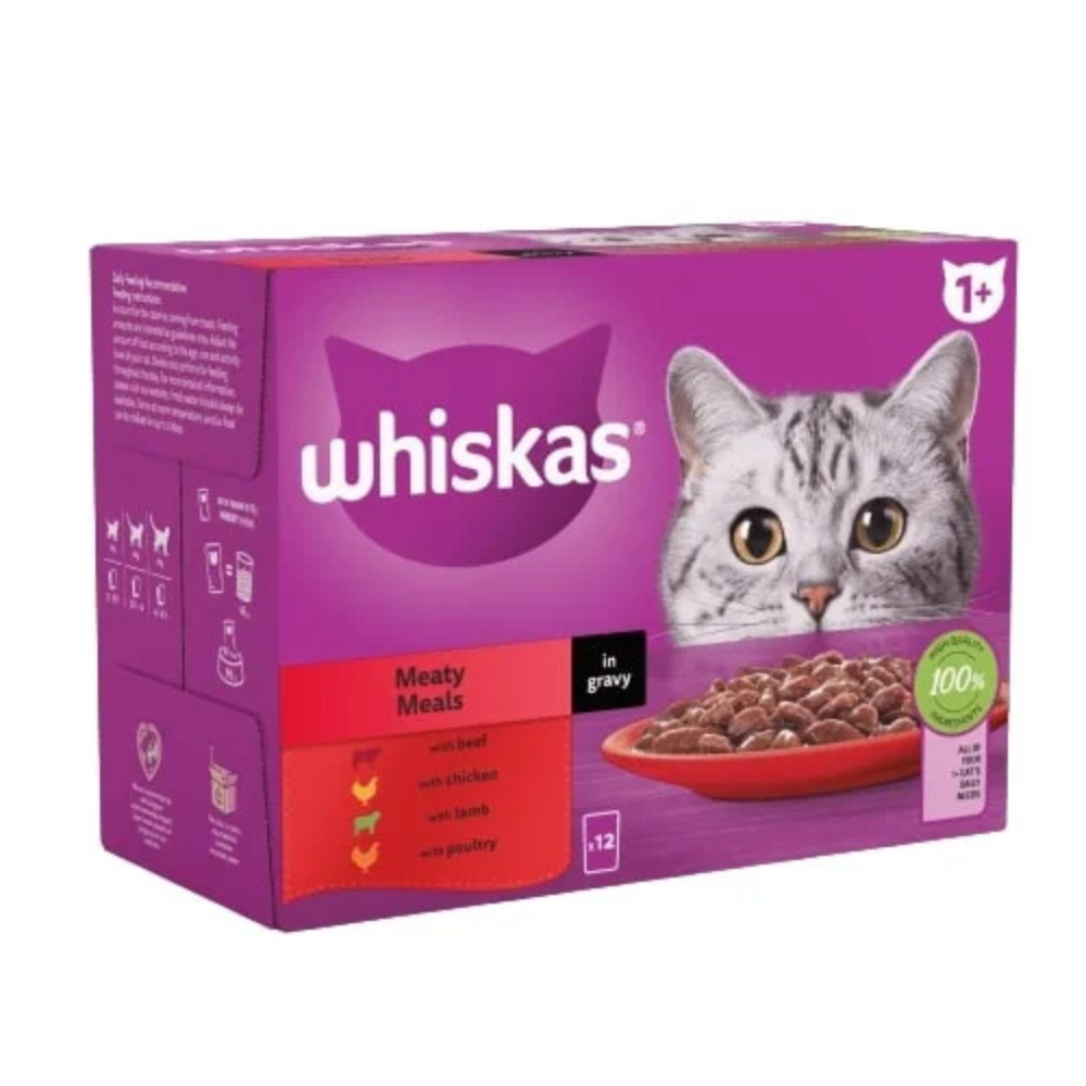 Whiskas 1+ Meaty Meals in Gravy 12 x 85g Adult Wet Cat Food Pouches Dundee Delivery